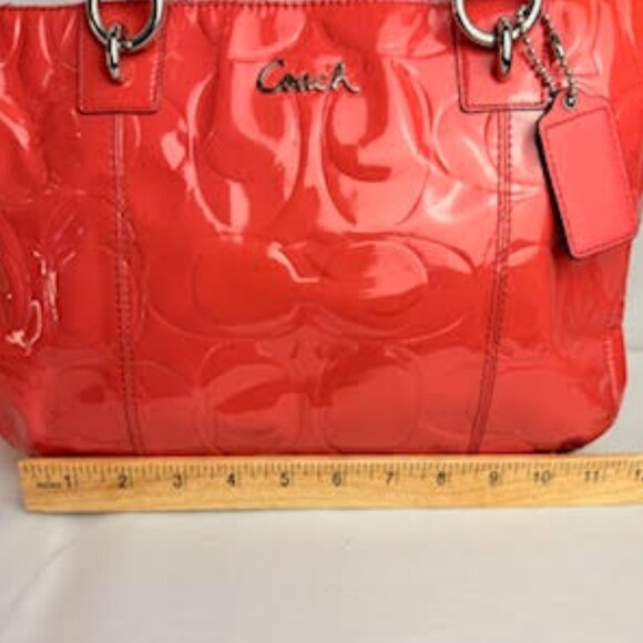 Coach Patent Leather Red Signature Embossed Tote Bag Shoulder Purse - Picture 8 of 11